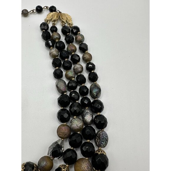 Stunning TRIFARI Black Iridescent Glass 4 Strand Beaded Necklace 15-17” - Picture 7 of 11